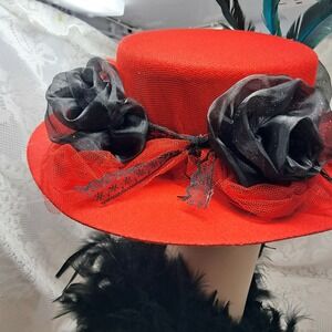Red Derby‎ Hat, Black Roses, Feather Accents, Kentucky, Church, Races